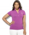 Rendered in soft stretch cotton mesh, Lauren Ralph Lauren's plus size classic polo shirt is designed with a chic five-button placket and accented with an embroidered crest.