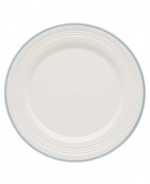 This charming porcelain dinner plate features a four-ringed border. Mix and match with other Tin Can Alley Blue pieces from Lenox for a subtly varied table setting. Qualifies for Rebate