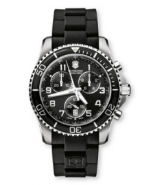 Add more precision to any activity with this multifunctional sport watch from Victorinox Swiss Army. Black rubber strap. Round stainless steel case with anti-reflective crystal and uni-directional rotating bezel. Black chronograph dial features three subdials, tachymeter scale, date window, luminous hands, logo and numeral indices. Swiss movement. Water resistant to 100 meters. Three-year limited warranty. Add more precision to any activity with this multifunctional sport watch from Victorinox Swiss Army. Black rubber strap. Round stainless steel case with anti-reflective crystal and uni-directional rotating bezel. Black chronograph dial features three subdials, tachymeter scale, date window, luminous hands, logo and numeral indices. Swiss movement. Water resistant to 100 meters. Three-year limited warranty.