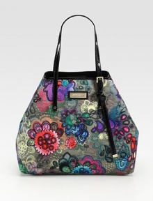 Lustrous coated floral-print canvas with patent leather trim, perfectly sized for all your essentials.Double top handles, 7½ dropTop snap closureOne inside zip pocketCotton lining13½W X 11¾H X 6¼DMade in Italy Lustrous coated floral-print canvas with patent leather trim, perfectly sized for all your essentials.Double top handles, 7½ dropTop snap closureOne inside zip pocketCotton lining13½W X 11¾H X 6¼DMade in Italy