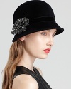 Done up in soft velour, this '20s-inspired cloche from Kathy Jeanne makes a sparkly statement with its removable crystal pin.