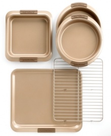 Everything you need for the basics of baking in one heavyweight carbon steel set with a bronze finish and nonstick surface that eliminates the need to grease up pans before use, making clean up a cinch. Limited lifetime warranty. Everything you need for the basics of baking in one heavyweight carbon steel set with a bronze finish and nonstick surface that eliminates the need to grease up pans before use, making clean up a cinch. Limited lifetime warranty.