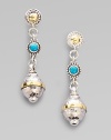 From the Aspasia Collection. Hammered round bead dangles from the ear with 18K yellow gold and turquoise detailing.Turquoise 18K yellow gold Sterling silver Length, about 1½ Post backs Made in Greece 