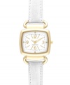 Unadulterated style with a flash of brilliance, by Nine West. Crafted of white leather strap and rectangular gold tone mixed metal case. White dial features black minute track, gold tone numerals at three, six, nine and twelve o'clock, applied stick indices, dot markers with crystal accents, gold tone hour and minute hands, sweeping second hand and logo at six o'clock. Quartz movement. Limited lifetime warranty.