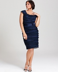 Tiers and tiers of dainty ruffles bring feminine charm to this Tadashi Shoji Plus dress, made complete with a sweet grosgrain ribbon belt. Tiers and tiers of dainty ruffles bring feminine charm to this Tadashi Shoji Plus dress, made complete with a sweet grosgrain ribbon belt.