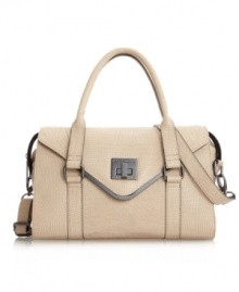 Get your fashion fix with this fabulous design by BCBGeneration. A lady-like satchel silhouette combines with gunmetal hardware and subtle python print for the perfect blend of class and edge. Get your fashion fix with this fabulous design by BCBGeneration. A lady-like satchel silhouette combines with gunmetal hardware and subtle python print for the perfect blend of class and edge.