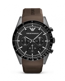 This Emporio Armani piece works hard with a versatile style that goes on-and-off the clock, crafted of a stainless steel case with a bold strap as a sporty counterpart. This Emporio Armani piece works hard with a versatile style that goes on-and-off the clock, crafted of a stainless steel case with a bold strap as a sporty counterpart.