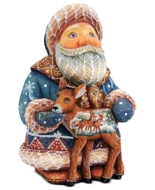 Santa Claus shares a special moment with a friendly fawn in this ornament from DeBrehkt, painted free-hand for a one-of-a-kind authenticity that your family with cherish for years to come. Santa Claus shares a special moment with a friendly fawn in this ornament from DeBrehkt, painted free-hand for a one-of-a-kind authenticity that your family with cherish for years to come.