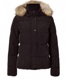 Withstand the cold, while remaining stylish, in this high quality quilted down jacket from outdoor outerwear experts Woolrich - Stand collar, raccoon fur-lined hood, snap front placket with concealed zip closure, long sleeves, zip pockets, quilted, snow and water resistant, slim fit - Perfect for a ski vacation or a chic winter-ready look