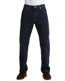Straight leg jeans with higher rise and a comfortable fit through thigh with 17.25 leg opening. 12 oz denim in dark rinse wash. Zip fly, button closure. Straight leg jeans with higher rise and a comfortable fit through thigh with 17.25 leg opening. 12 oz denim in dark rinse wash. Zip fly, button closure.