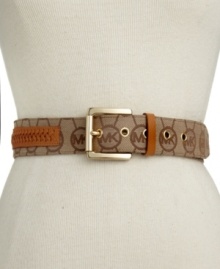With rich braided leather detail, this MICHAEL Michael Kors belt showcases golden shimmer and logo love. With rich braided leather detail, this MICHAEL Michael Kors belt showcases golden shimmer and logo love.