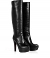 Add heightand instant styleto your look with these luxe leather platform boots from Sergio Rossi - Round toe, high front platform, ultra-high heel, knee-length, pull-on style - Style with leather leggings, skinny jeans, or a figure-hugging sheath