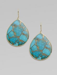 From the Slice Story Collection. Vivid, oversized turquoise teardrops with glowing bronze veining seem to have been sliced right out of the earth. Bronze turquoise 18k yellow gold Drop, about 1½ Ear wire ImportedPlease note: Due to the characteristics of natural stone, color and pattern may vary slightly. 