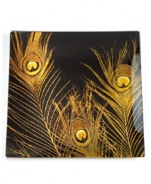 Lavish gold plumes pop against solid black in the attention-grabbing Peacock platter from Prima Designs' collection of serveware and serving dishes. Foil within adds a brilliant metallic quality to already-brilliant glass. Lavish gold plumes pop against solid black in the attention-grabbing Peacock platter from Prima Designs' collection of serveware and serving dishes. Foil within adds a brilliant metallic quality to already-brilliant glass.