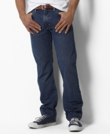 Essential classic-fitting jean with standard-rise belted waist, zip fly with signature shank, straight leg. Essential classic-fitting jean with standard-rise belted waist, zip fly with signature shank, straight leg.