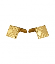 An abstract version of the classic check print covers these sleek gold-toned cufflinks from Burberry London - Square shape, check print-inspired design, gold-toned brass - Perfect for your dressed up looks or as a thoughtful gift An abstract version of the classic check print covers these sleek gold-toned cufflinks from Burberry London - Square shape, check print-inspired design, gold-toned brass - Perfect for your dressed up looks or as a thoughtful gift