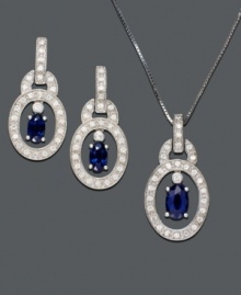 A stunning finish to your evening ensemble. Matching pendant and earrings feature diamond-accented sterling silver ovals with boldly blue oval-cut sapphire (1-1/8 ct. t.w.) at center. Approximate necklace length: 18 inches. Approximate pendant drop: 3/4 inch. Approximate earring drop: 1/4 inch. A stunning finish to your evening ensemble. Matching pendant and earrings feature diamond-accented sterling silver ovals with boldly blue oval-cut sapphire (1-1/8 ct. t.w.) at center. Approximate necklace length: 18 inches. Approximate pendant drop: 3/4 inch. Approximate earring drop: 1/4 inch.
