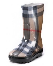 Puddle splash in style in Burberry check rain boots. Puddle splash in style in Burberry check rain boots.