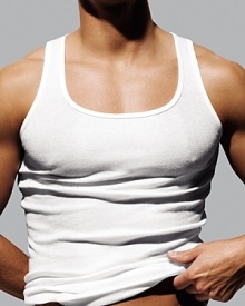 Modern fit tank top with 2x1 ribbing detail. Modern fit tank top with 2x1 ribbing detail.