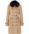 Ladylike luxe comes alive with this tailored cashmere-blend coat from Burberry London - Detachable fur collar, double-breasted, front button placket, long sleeves with belted cuffs, fitted bodice, flared bottom with pleating at waist and back - Wear with skinny jeans and a cashmere pullover or a fitted cocktail sheath