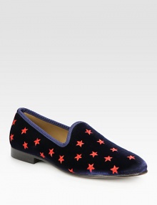 Incredibly soft velvet with an embroidered star pattern for a playful, energetic feel, concluded with a supportive leather sole.Velvet upperLeather liningPadded insoleLeather soleMade in Italy