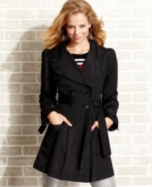 XOXO updates the classic trench coat with adorable puff sleeves and an a-line skirt of crisp pleats. XOXO updates the classic trench coat with adorable puff sleeves and an a-line skirt of crisp pleats.