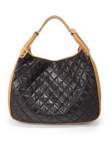 THE LOOKStrappy and tubular leather shoulder strapHobo silhouetteColorblocked designMagnetic snap closureDiamond quilted contrast leather, front and backSmooth leather side panelsOne inside zip pocketTwo inside open pocketsInside logo detailTHE MEASUREMENTShoulder strap, 6 drop17½W X 14½H X 6½DTHE MATERIALLambskinUltra suede liningORIGINMade in USA THE LOOKStrappy and tubular leather shoulder strapHobo silhouetteColorblocked designMagnetic snap closureDiamond quilted contrast leather, front and backSmooth leather side panelsOne inside zip pocketTwo inside open pocketsInside logo detailTHE MEASUREMENTShoulder strap, 6 drop17½W X 14½H X 6½DTHE MATERIALLambskinUltra suede liningORIGINMade in USA