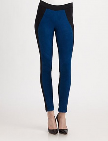 Classically styled leggings fronted by colorblocked, velvety-soft leather paneling. Elastic waistbandMedium rise, about 8Inseam, about 29Body: 86% nylon/14% spandexTrim: LeatherDry clean with leather specialistMade in USA of imported fabricModel shown is 5'10 (177cm) wearing US size Small.