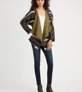 Tribal-inspired stripes add a bohemian touch to this oversized, tapered silhouette.Draped hood Open front Wide foldover lapel Asymmetrical hem Cotton lining About 30 from shoulder to hem Acrylic Dry clean Made in USA