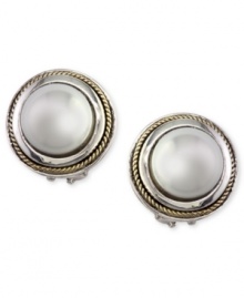 Polished and refined. EFFY Collection's traditional stud earrings highlight cultured freshwater pearls (8mm) in a unique twisted sterling silver and 18k gold omega setting. Approximate diameter: 3/4 inch.