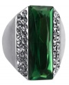 Capture the mood with this emerald-hued ring from GUESS. A baguette-cut glass crystal is surrounded by clear pave accents for alluring style. Crafted in hematite tone mixed metal. Size 7.