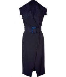 With a modern trench silhouette, this Donna Karan wrap dress will set your style apart - Large spread collar, sleeveless, wrap silhouette, large buckled waist belt, fitted silhouette - Style with a leather jacket and platform heels With a modern trench silhouette, this Donna Karan wrap dress will set your style apart - Large spread collar, sleeveless, wrap silhouette, large buckled waist belt, fitted silhouette - Style with a leather jacket and platform heels