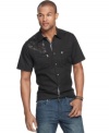 Get an upgrade on your casual style with this short-sleeved shirt with chest graphic from Marc Ecko Cut & Sew.