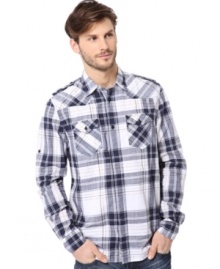 Crisp, cool plaid makes this shirt from Buffalo David Bitton the perfect weekend wear. Throw it on for the next backyard barbecue.