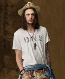 A weathered surplus-inspired tee constructed from super-soft jersey cotton is ideal for layered downtown looks.