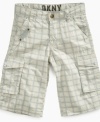 He'll be cool in school and everywhere else with these plaid cargo shorts from DKNY.