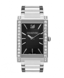 Intensely elegant, this Citra watch by Swarovski adds sophistication. Stainless steel bracelet and rectangular case. Bezel crystallized with Swarovski elements. Black dial features applied silver tone stick indices, logo at twelve o'clock and two hands. Swiss quartz movement. Water resistant to 30 meters. Two-year limited warranty.