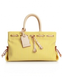 This cheerful striped design by Dooney & Bourke will add a sweet, femme feel to any look. Woven detail at top edge and fun tassel front detail add charming appeal to this lovely design. This cheerful striped design by Dooney & Bourke will add a sweet, femme feel to any look. Woven detail at top edge and fun tassel front detail add charming appeal to this lovely design.