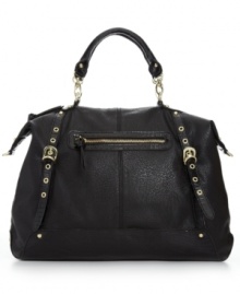 A classic silhouette gets an edgy update. Faux pebble leather is dressed up in a pretty patent finish, shiny gold-tone hardware and sleek buckle accents. Front zip pocket and chain-link stations add extra detail to this must-have design from Steve Madden. A classic silhouette gets an edgy update. Faux pebble leather is dressed up in a pretty patent finish, shiny gold-tone hardware and sleek buckle accents. Front zip pocket and chain-link stations add extra detail to this must-have design from Steve Madden.