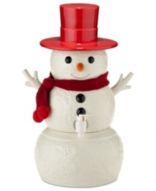 Serve frosty beverages at your next wintertime bash with the Snowpinions beverage dispenser from Department 56. Hat is removable; body separates below spout for easy filling.