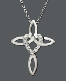 A unique spin on the traditional cross necklace. This pendant features a round-cut diamond (1/10 ct. t.w.) encrusted heart woven into a cross. Set in sterling silver. Approximate length: 18 inches. Approximate drop: 1 inch. A unique spin on the traditional cross necklace. This pendant features a round-cut diamond (1/10 ct. t.w.) encrusted heart woven into a cross. Set in sterling silver. Approximate length: 18 inches. Approximate drop: 1 inch.