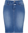 Sleek bright blue denim pencil skirt from Closed -Add instant chic to your wardrobe basics with this sultry denim skirt - Classic pencil silhouette with five pocket styling, belt loops, zipper fly - Style with an oversized tee, a boyfriend cardigan, ribbed tights, and wedge booties