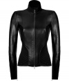 Detailed with stretch paneling for an exquisitely seductive tailored fit, Jitrois black leather jacket is a luxurious choice perfect for adding that characteristic chic edge to your outfit - Stand-up collar, long sleeves, zippered cuffs, front zip closure - Extra form-fitting - Wear over a tailored cocktail sheath with pin heels and sparkly fine jewelry