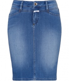 Sleek bright blue denim pencil skirt from Closed -Add instant chic to your wardrobe basics with this sultry denim skirt - Classic pencil silhouette with five pocket styling, belt loops, zipper fly - Style with an oversized tee, a boyfriend cardigan, ribbed tights, and wedge booties