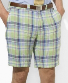 Ralph Lauren's reversible madras short offers the perfect option for ultimate preppy style with a classic navy chino short on one side and a vibrant madras pattern on the other