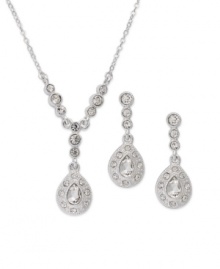 Teardrop silhouettes are cheered up with shimmering crystal accents on Charter Club's necklace and earring set. Crafted in silver tone mixed metal. Approximate length (necklace): 14 inches + 2-inch extender. Approximate drop (both): 1-3/4 inches.