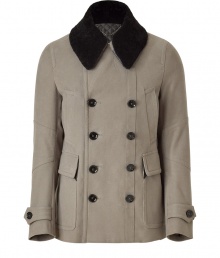 Classically refined style is effortlessly achieved with Belstaffs urbane update on the tried-and-true peacoat - Large spread collar, double-breasted silhouette, front button placket, flap pockets, seaming detail on sleeves, belted cuffs, adjustable back belt - Style with jeans, a tee, and lace-up suede boots