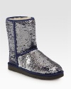 Cozy essential with glittery sequins and satin trim for an extra dose of glamorous style. Shaft, 8¼Leg circumference, 13Sequin-coated suede upper with satin trimShearling liningRubber solePadded insoleImported