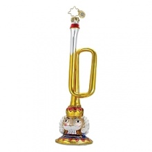 A nutcracker head puts a holiday spin on this golden bugle glass ornament. A nutcracker head puts a holiday spin on this golden bugle glass ornament.