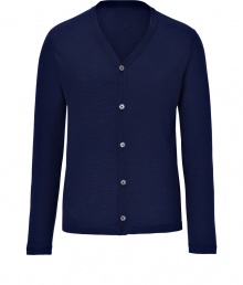 With a classic navy hue and immaculate finishing, Jil Sanders wool cardigan is a timeless and luxurious choice - High V-neckline, long sleeves, button-down front - Slim fit - Wear with a button-down, tailored trousers and lace-ups With a classic navy hue and immaculate finishing, Jil Sanders wool cardigan is a timeless and luxurious choice - High V-neckline, long sleeves, button-down front - Slim fit - Wear with a button-down, tailored trousers and lace-ups